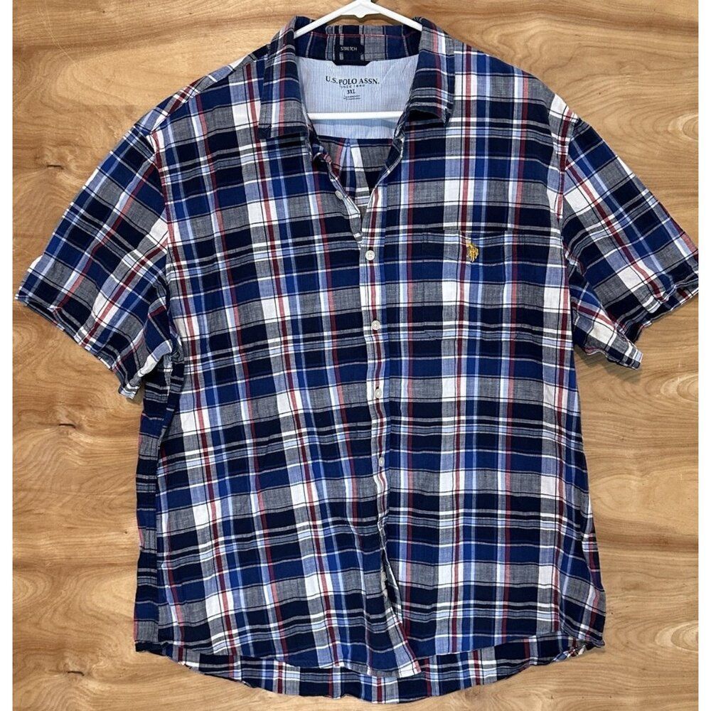 U.S. Polo Assn. Mens 3XLT Button Down Blue Plaid Short Sleeve Shirt Pocket